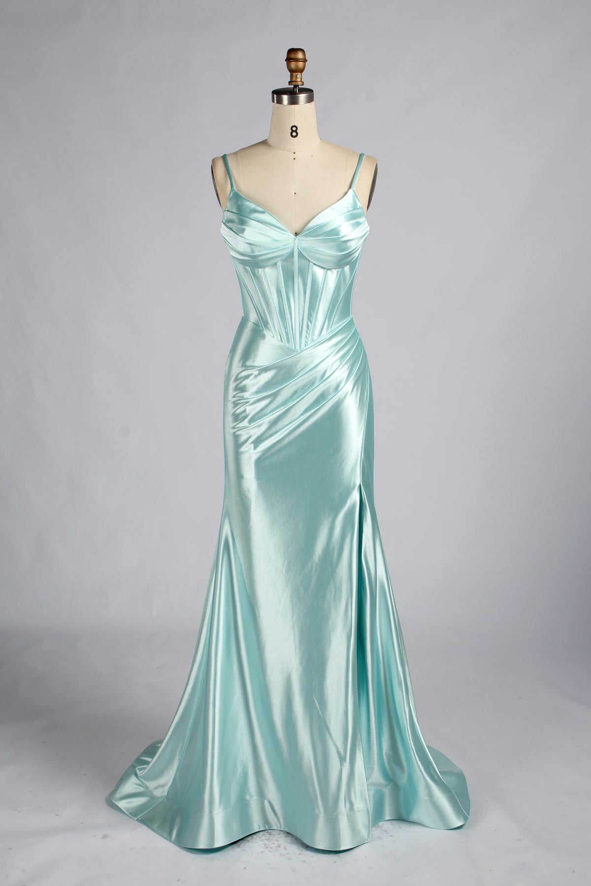 Mint satin mermaid prom dress with spaghetti straps and corset bodice, sweetheart neckline