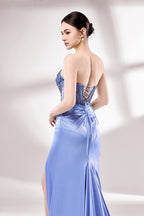 Showcased here is a close - up of a light blue strapless gown. Its bodice is adorned with dense, sparkling blue beads, and the skirt features elegant draping. The intricate design gives off a luxurious and refined vibe, ideal for formal occasions.4