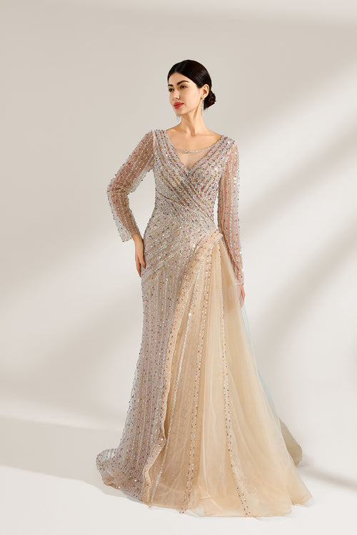 Tea beaded long-sleeve evening dress with V-neck, flowing sheer skirt and hemline