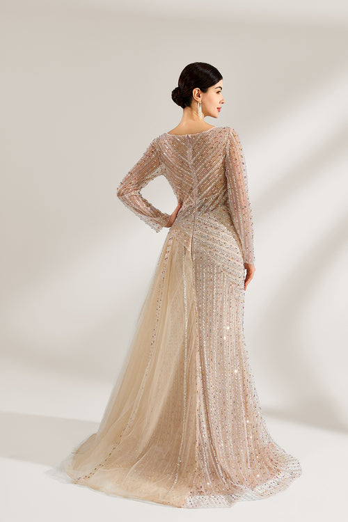Tea beaded long-sleeve evening dress, back V design and long sheer skirt