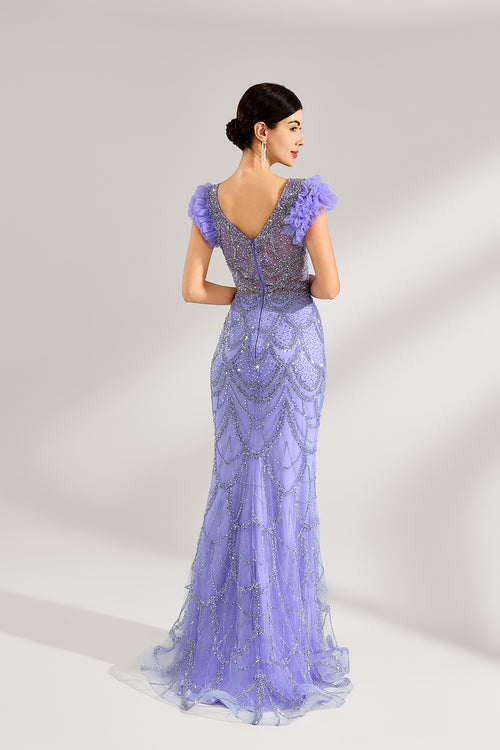 Side view of lilac beaded mermaid prom dress with ruffle cap sleeves and long hem