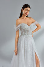 Wholesale Off - Shoulder Tulle Embroidered Spli Bridal Gown 32953