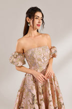 A woman with long, wavy dark hair and a poised stance wears a light - pink, floral - embroidered off - the - shoulder gown. It has puffed sleeves, a fitted bodice, and a voluminous skirt. Paired with understated heels, the outfit radiates elegance, perfect for formal events like galas or weddings.6