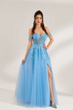 Set against a light backdrop, a woman is clad in a light - blue tulle off - shoulder gown. It boasts a sweetheart neckline, with the bodice embellished by intricate lace embroidery and sequins, and a high side slit. The voluminous tulle skirt, shimmering subtly, lends an elegant and romantic touch, ideal for formal events such as proms or weddings.1