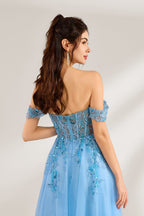 Set against a light backdrop, a woman is clad in a light - blue tulle off - shoulder gown. It boasts a sweetheart neckline, with the bodice embellished by intricate lace embroidery and sequins, and a high side slit. The voluminous tulle skirt, shimmering subtly, lends an elegant and romantic touch, ideal for formal events such as proms or weddings.6