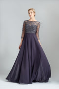 Dark navy beaded lace long-sleeve mother dress with fitted bodice and wide skirt