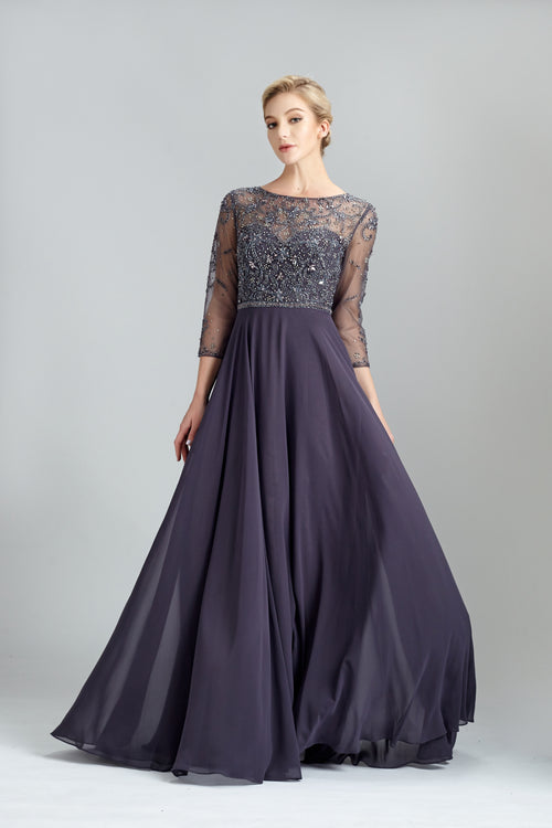 Dark navy beaded lace long-sleeve mother dress with fitted bodice and wide skirt