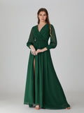 Emerald long-sleeve chiffon bridesmaid dress, V-neck wrap bodice with slit skirt