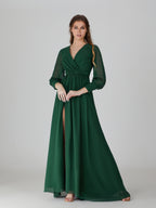 Emerald long-sleeve chiffon bridesmaid dress, V-neck wrap bodice with slit skirt
