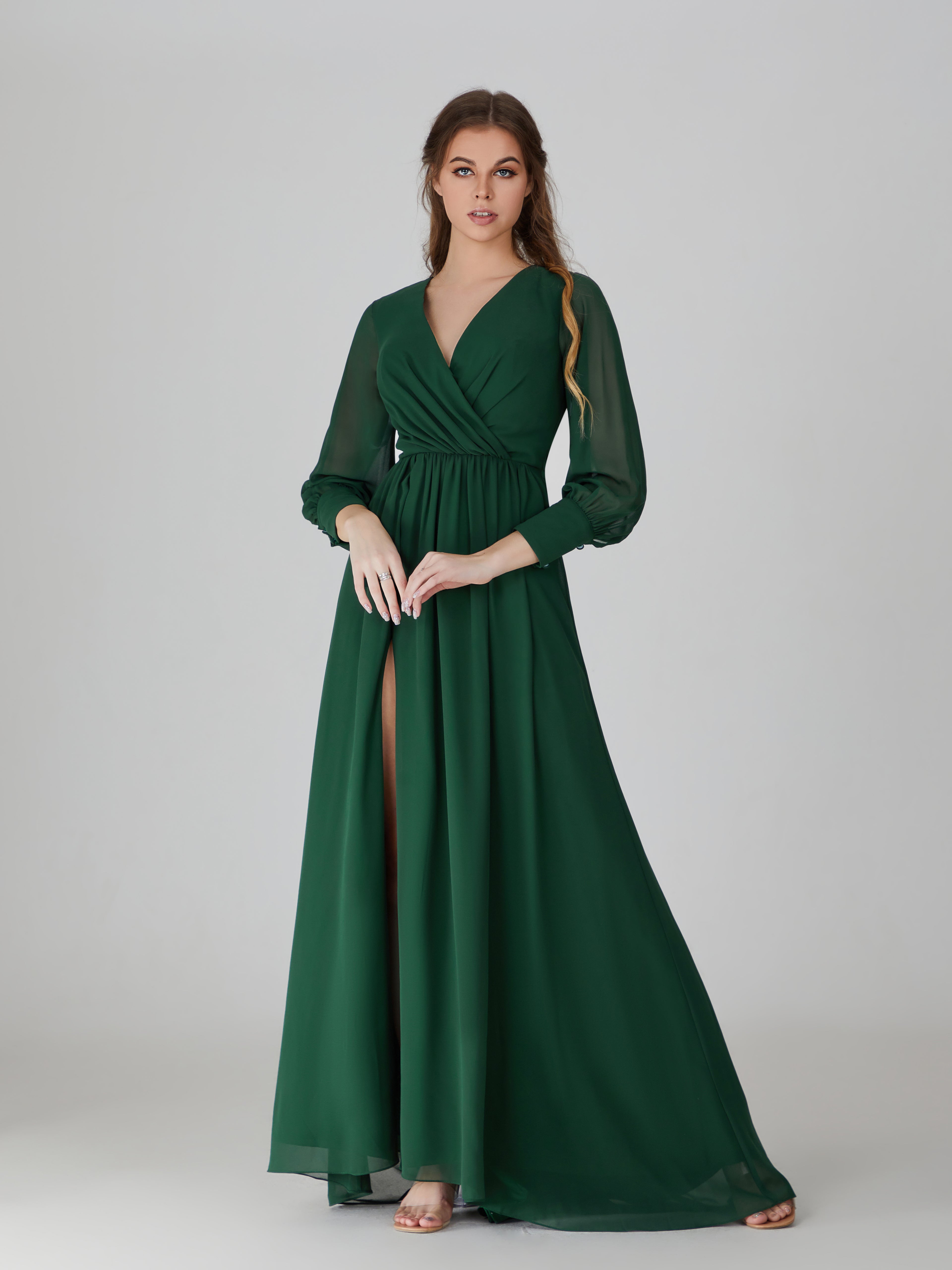 Emerald long-sleeve chiffon bridesmaid dress, V-neck wrap bodice with slit skirt