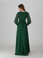 Emerald long-sleeve chiffon bridesmaid dress, back view with waist tie and slit