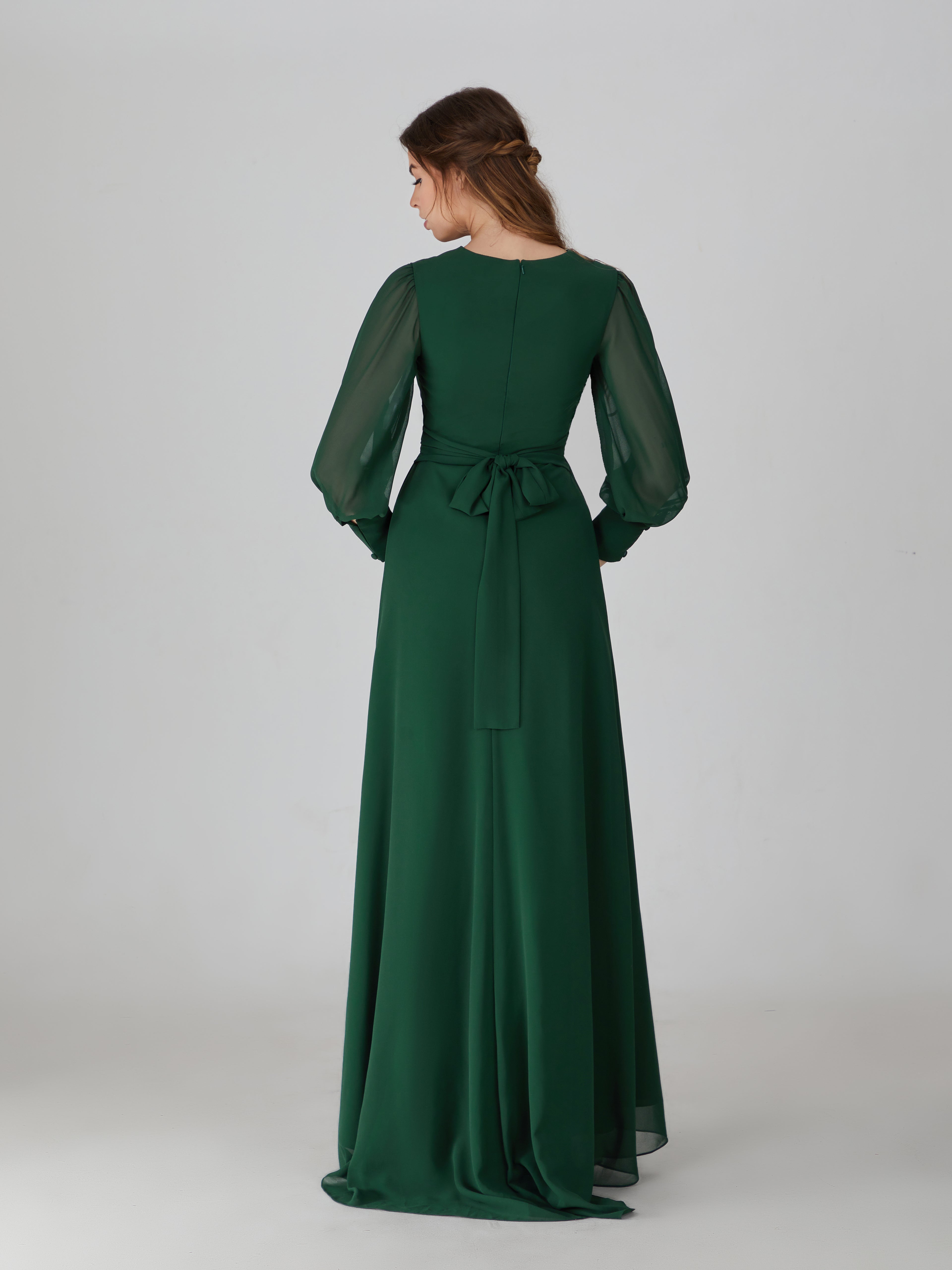 Emerald long-sleeve chiffon bridesmaid dress, back view with waist tie and slit