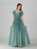 Wholesale Sage Ruffle Short Sleeve Chiffon Bridesmaid Dress TBQP599
