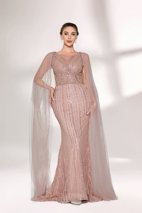 Blush sequin mermaid evening gown with long sheer cape overlay