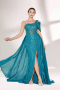 Against a light - hued backdrop, a woman dons a teal sequin gown with an one - shoulder design. It features a bow - detailed strap, a sheer waist panel, and a high side slit. The sparkling sequins and unique silhouette radiate glamour, perfect for formal dinners or galas.1