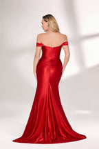 A woman wears a red off - the - shoulder satin gown. It has a fitted silhouette with a high slit and is paired with light - colored heels. Ideal for formal events like dinners and balls.02