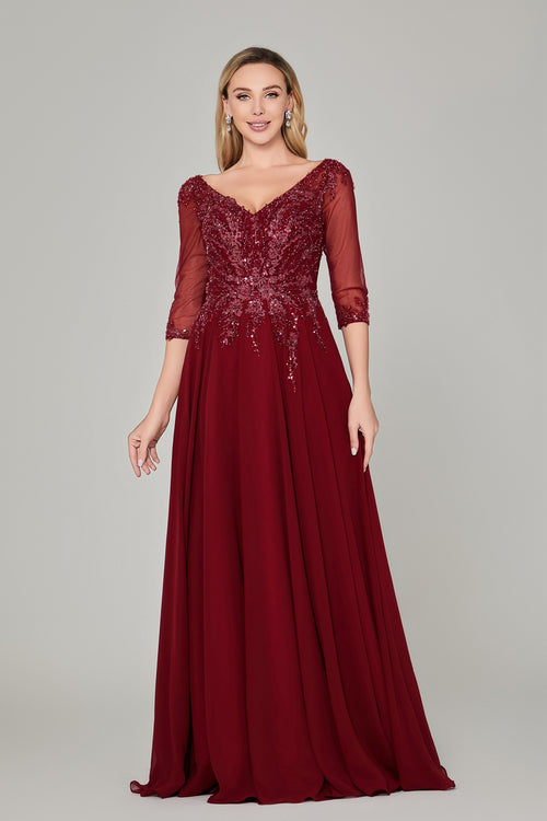 Burgundy beaded lace V-neck gown with three-quarter sleeves and flowing A-line skirt