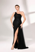 A woman dons a stunning black one - shoulder evening gown. The bodice is intricately adorned with beadwork and embroidery, adding a touch of luxury. The dress has a form - fitting silhouette that hugs the curves, and a high side slit reveals a hint of leg. A sheer, flowing overlay cascades down from the side, enhancing the gown's elegance. Paired with simple strappy silver heels, she stands gracefully against a light - colored backdrop, making the dress perfect for formal galas or upscale events.03