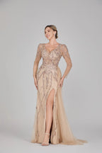 Champagne beaded tulle long dress with sheer long sleeves and thigh-high slit