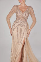 Champagne sequin beaded V-neck long dress with sheer sleeves and flowing skirt