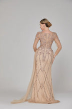 Champagne beaded tulle long dress with V-back and sheer long sleeves