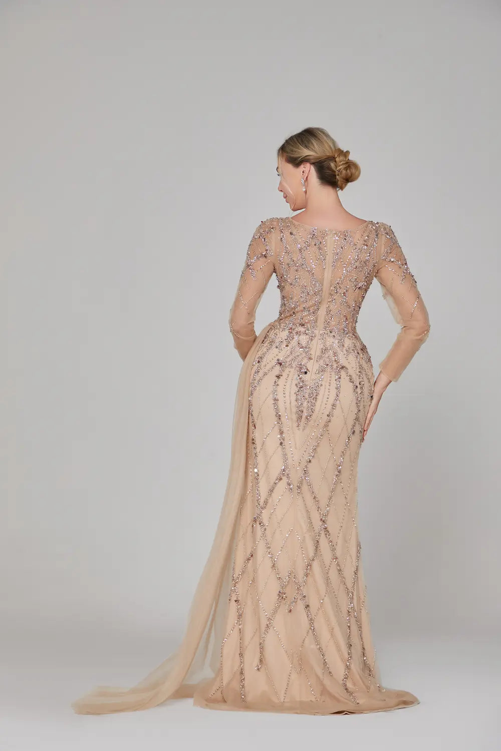 Champagne beaded tulle long dress with V-back and sheer long sleeves