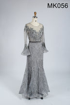 Grey tulle mermaid dress with silver beaded bodice, lace-like texture, bell sleeves