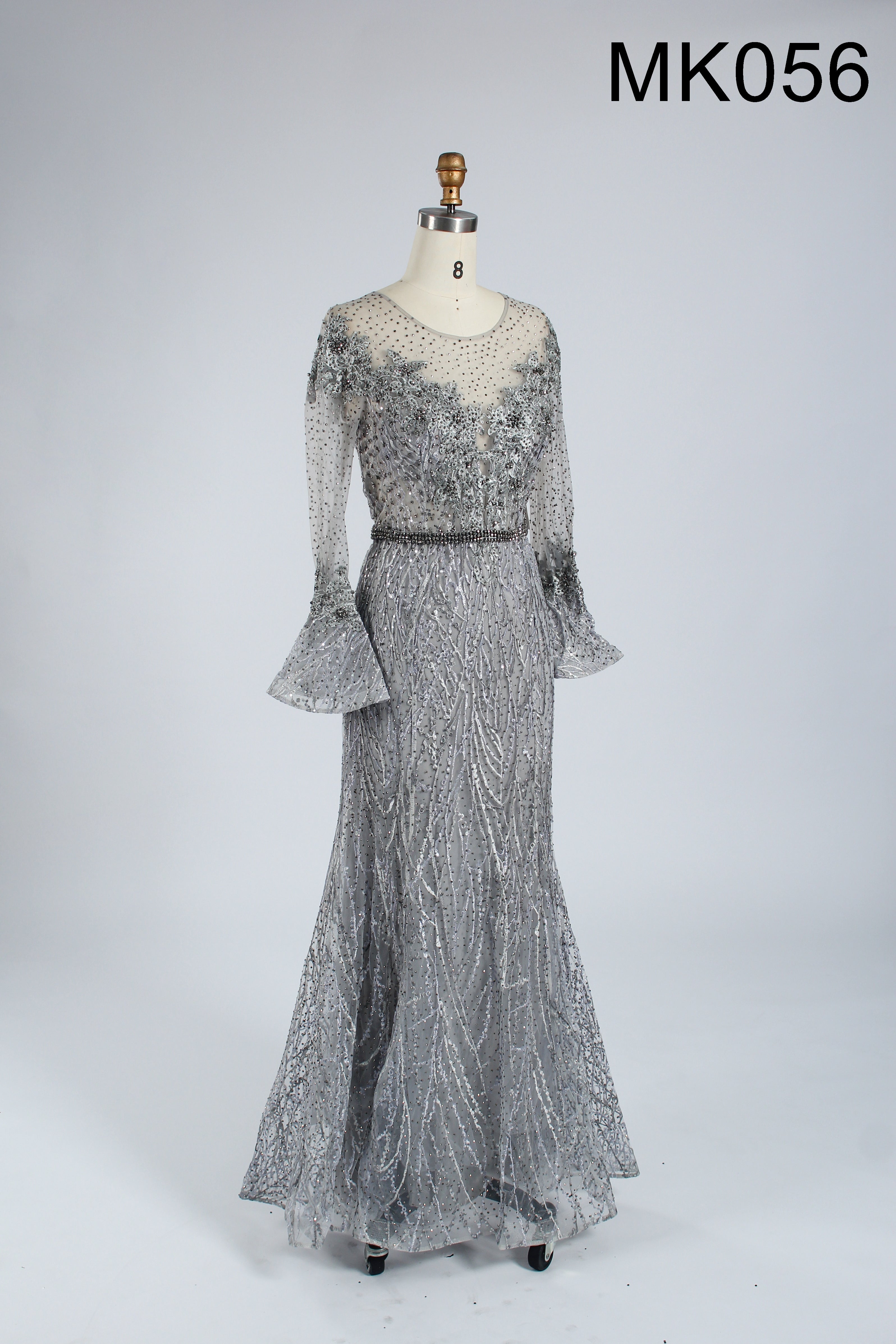 Grey tulle mermaid dress with silver beaded bodice, lace-like texture, bell sleeves