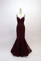 Wholesale V-Neck Lace Mermaid  Evening Gown 32551 Burgundy