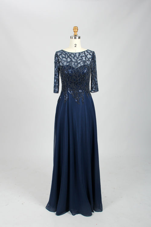 Navy beaded lace mother-of-the-bride gown with long skirt and 3/4 sleeves