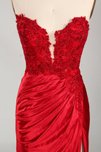photograph of a mannequin wearing a stunning red ball gown, strapless, lace bodice, flowing satin skirt, thigh-high slit, elegant and classy, white background, soft shadows, mannequin head labeled "6", fashion photography, high fashion, luxurious fabric, detailed lacework, feminine and sophisticated style, no other objects or people, minimalistic setting, clear and sharp image.32978-03