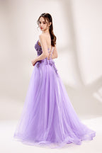 photograph of a young woman wearing a beautiful, floor-length, lavender ball gown with intricate sequin detailing on the bodice, sheer tulle skirt, spaghetti straps, long brown hair, fair skin, standing in a soft lit studio, neutral background, elegant, sophisticated, dreamy, fashion, glamour, full body shot, high quality, fashion photography, stylish, feminine, graceful, classy, modern, delicate, light, airy.33040-06