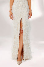 Sparkly V-Neck Sequin Sheath Feather Trim Slit Evening Dress MC067