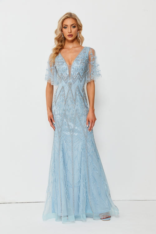 Light blue V-neck beaded lace evening dress with short illusion sleeves, fit-and-flare