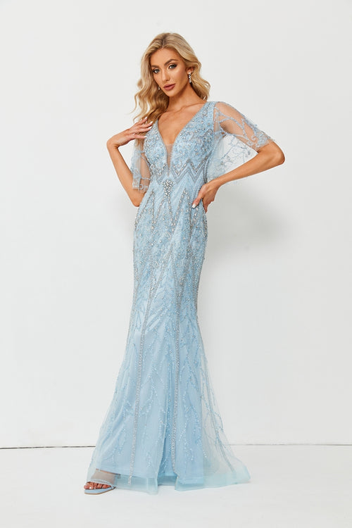 Light blue V-neck beaded lace evening dress, scalloped hem and fit-and-flare skirt