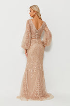 Wholesale Beaded Champagne Evening Gown, Puff Sleeve mk090