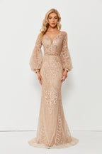 Wholesale Beaded Champagne Evening Gown, Puff Sleeve mk090