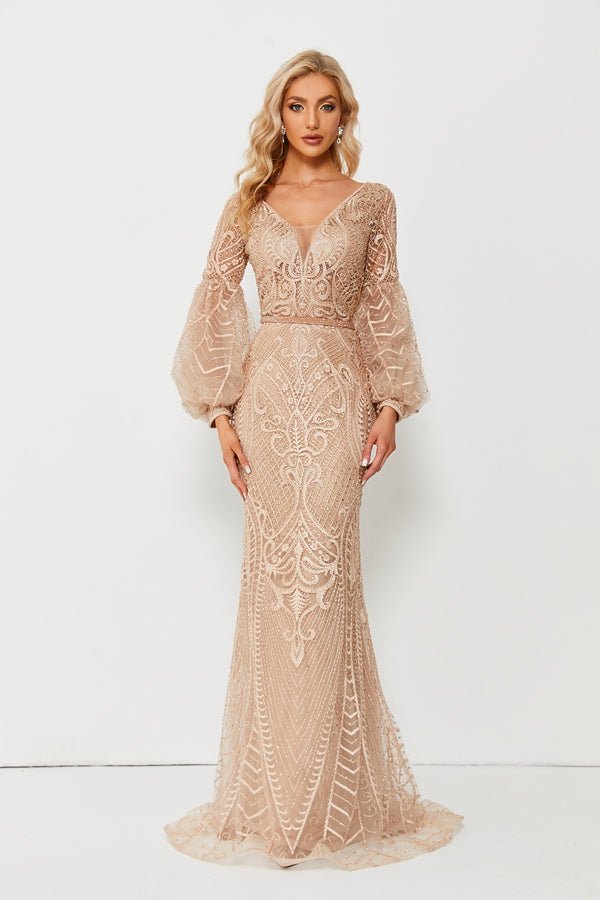 Wholesale Beaded Champagne Evening Gown, Puff Sleeve mk090