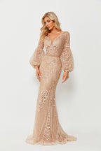 Wholesale Beaded Champagne Evening Gown, Puff Sleeve mk090