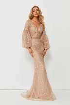 Wholesale Beaded Champagne Evening Gown, Puff Sleeve mk090