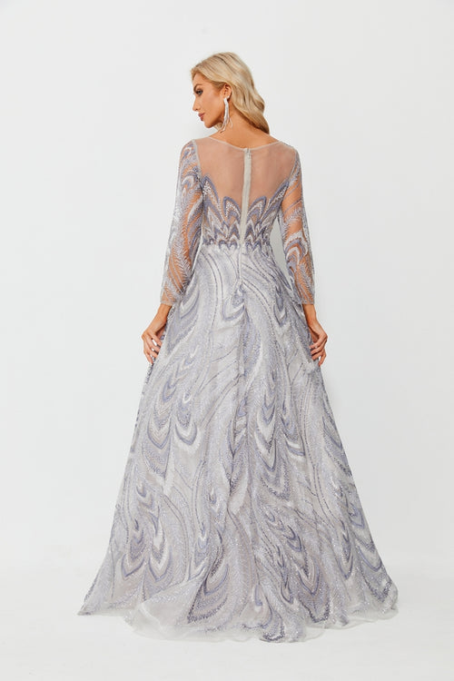 Silver long-sleeve beaded mesh evening gown, A-line silhouette, open back detail