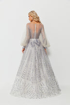 Wholesale Beaded Tulle Evening Gown, Balloon Sleeve Dress ks006