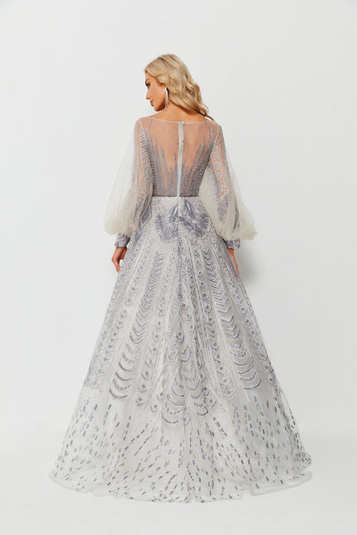 Beaded Silver Illusion Neckline Sequin Ball Gown with Puff Sleeves ks006