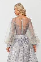 Wholesale Beaded Tulle Evening Gown, Balloon Sleeve Dress ks006