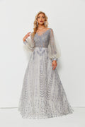 Wholesale Beaded Tulle Evening Gown, Balloon Sleeve Dress ks006