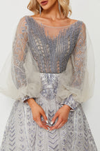 Wholesale Beaded Tulle Evening Gown, Balloon Sleeve Dress ks006