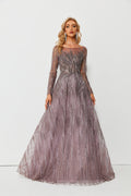 Wholesale Beaded Mesh Evening Gown, Long Sleeve Dress ks007