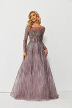 Wholesale Beaded Mesh Evening Gown, Long Sleeve Dress ks007