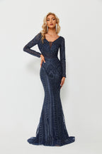 Wholesale Beaded Mesh Navy Evening Gown, Long Sleeve mk097
