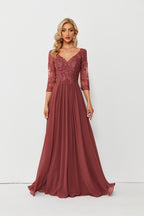 Wholesale Burgundy Lace Chiffon Evening Gown, 3/4 Sleeve 32688